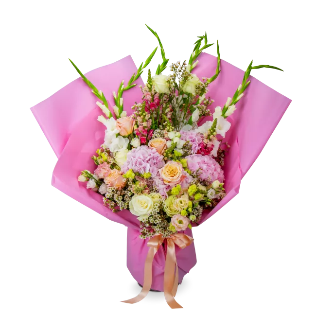 kytice hortenzií, růží a gladiol